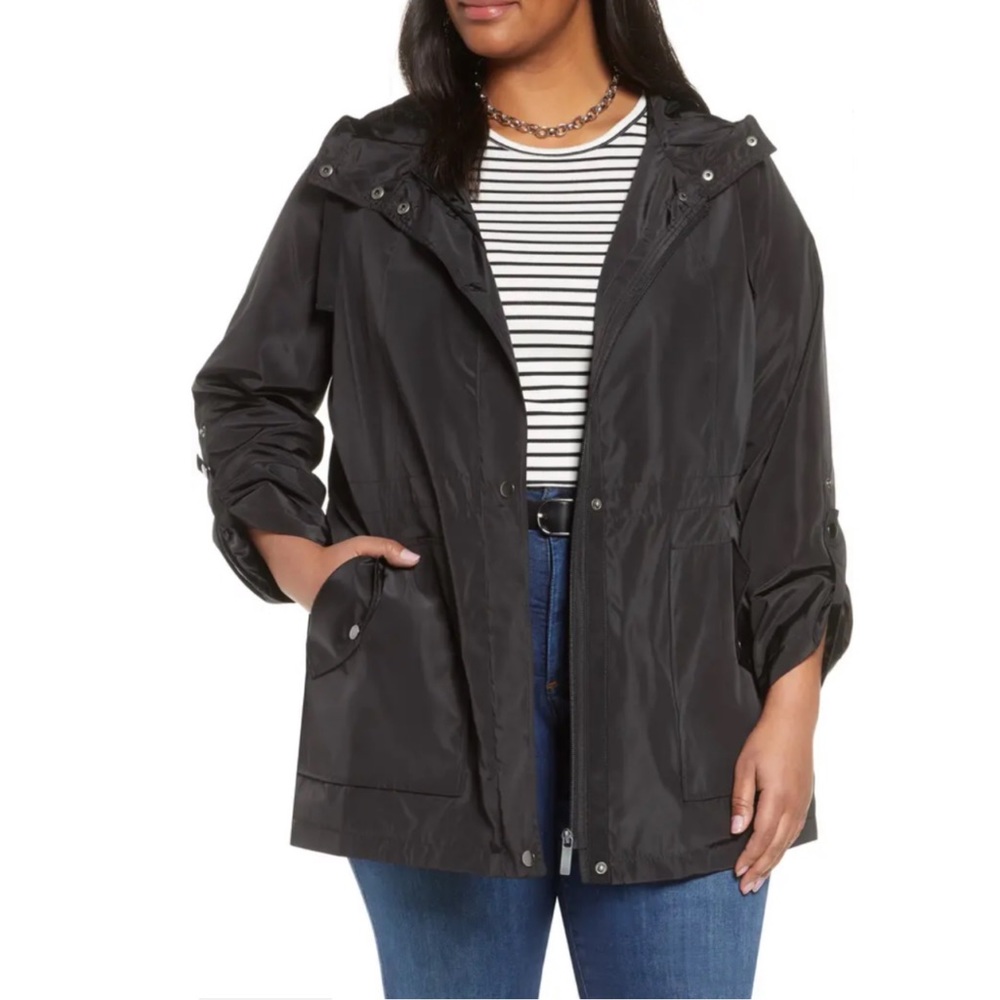 Halogen Hooded Cinch Waist Rain Jacket